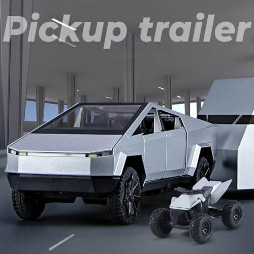 Silver Diecast Pickup Truck Model with Trailer RV and Motorcycle P5674
