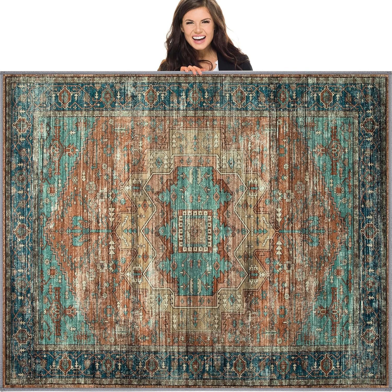 8x10 Vintage Non-Slip Low Pile Area Rug (Brick Red) E301347