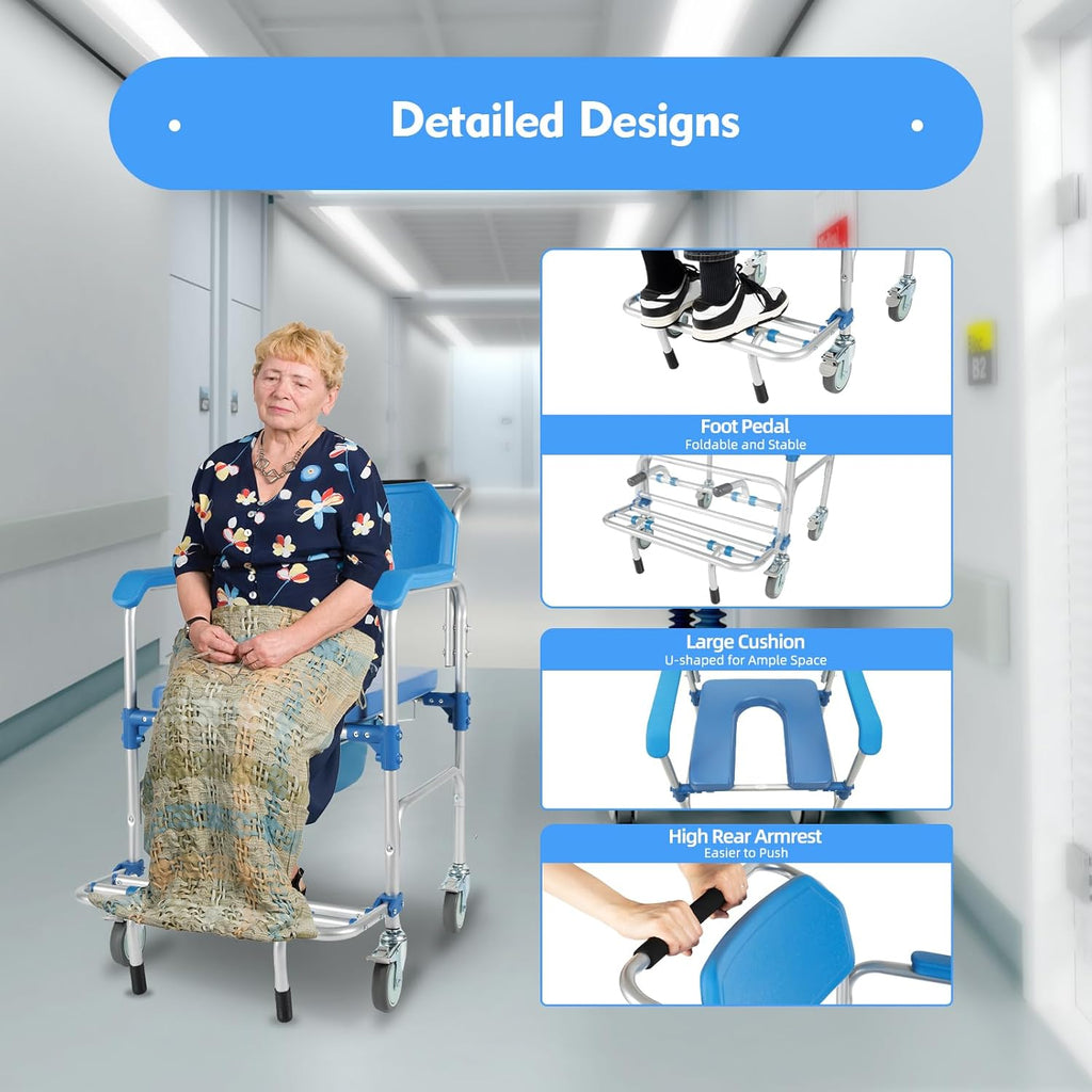Shower Commode Wheelchair with 4 Universal Wheels, 330Lbs Capacity N6628