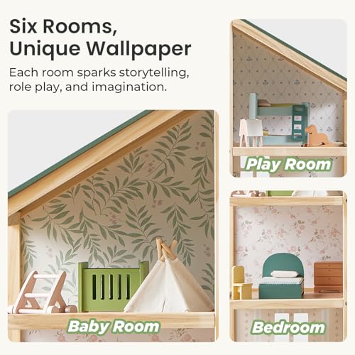 6 Rooms Wooden Dollhouse with 31Pcs Furniture Accessories G3773