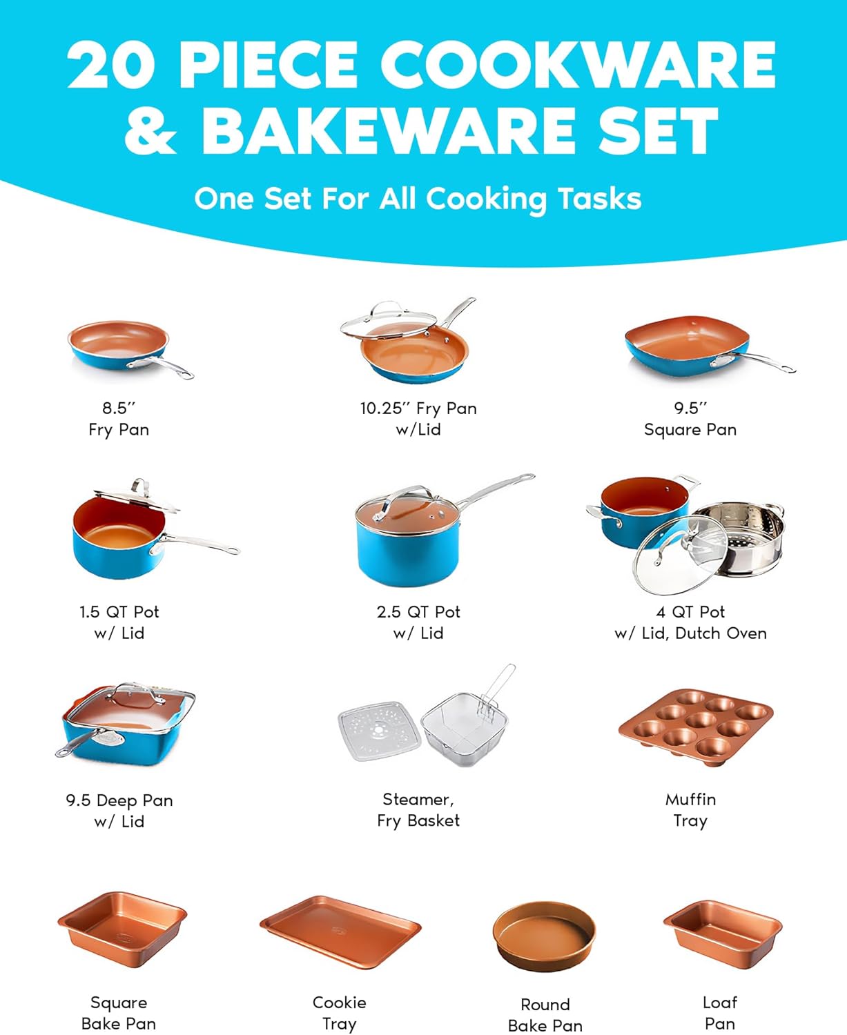 20 Piece Nonstick Copper Cookware Set with Ceramic Bakeware – Turquoise N937