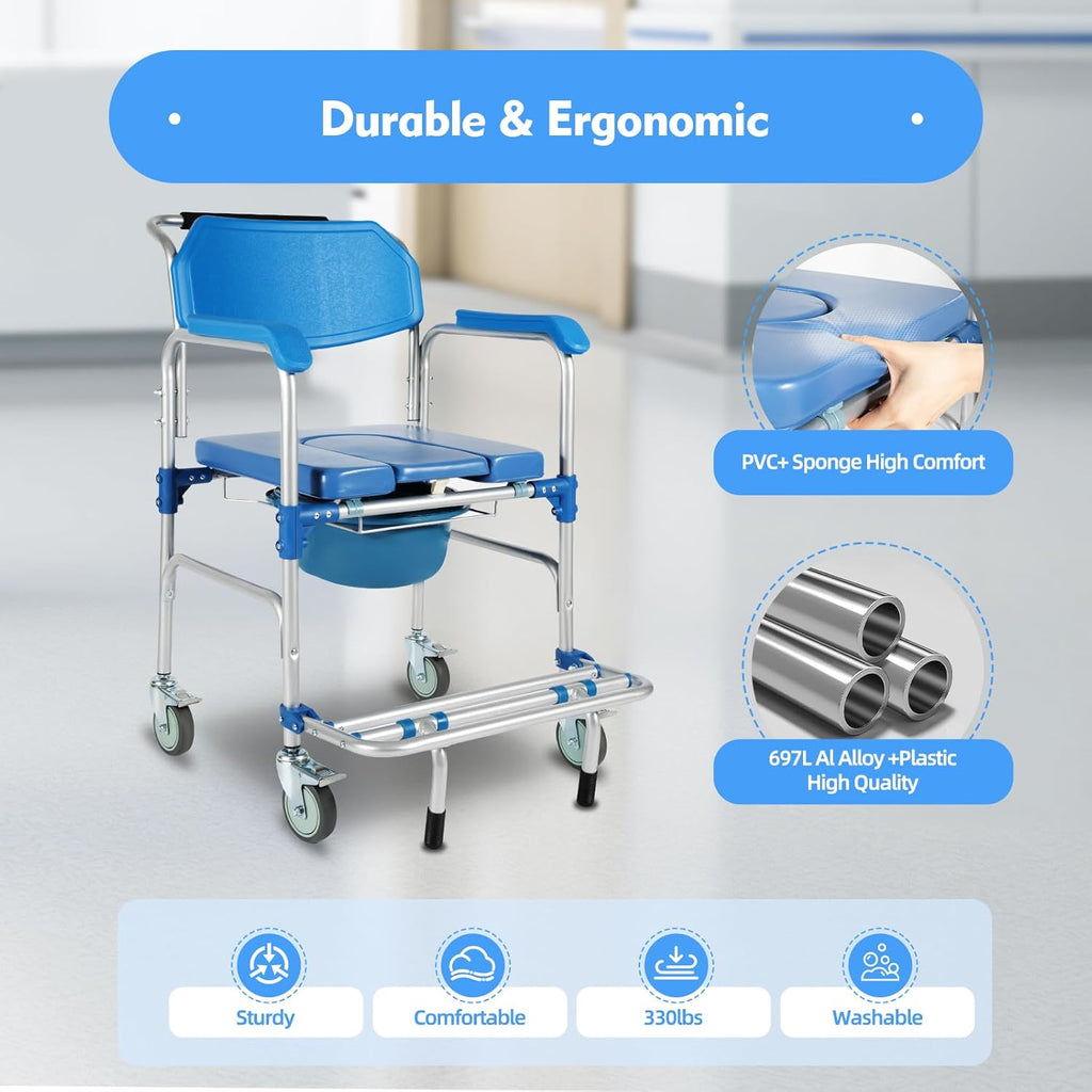 Shower Commode Wheelchair with 4 Universal Wheels, 330Lbs Capacity N6628