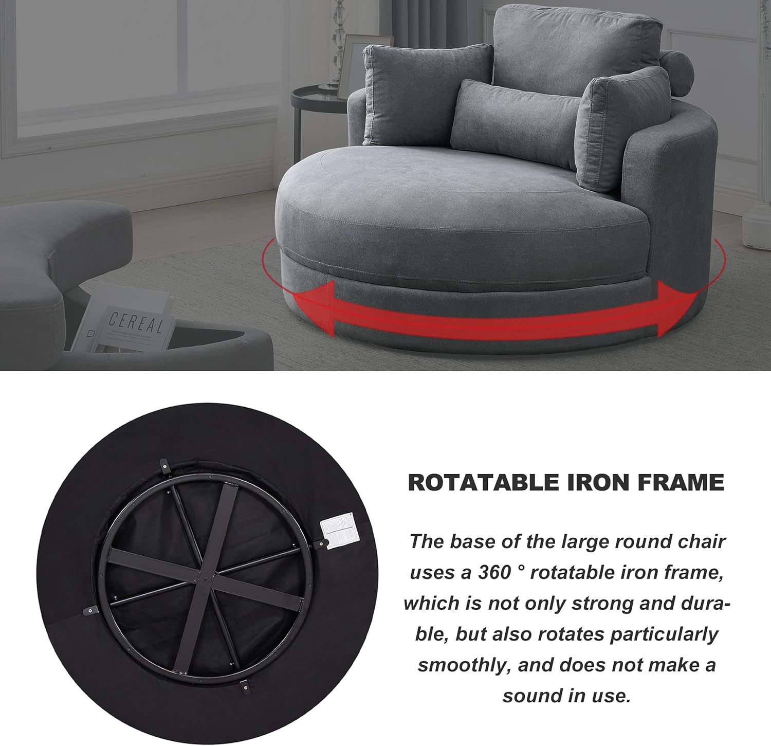 Dark Grey Linen Swivel Accent Chair with Storage Ottoman T98712