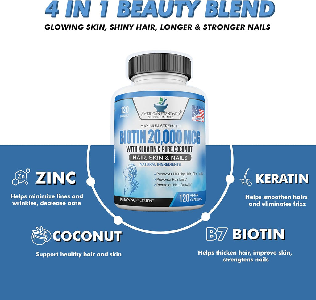 Biotin 20,000mcg with Keratin, Organic Coconut and Zinc, 120 Vegan Capsules M754334