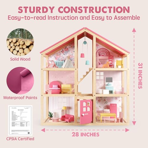 6 Rooms Wooden Dollhouse with 31Pcs Furniture Accessories G3773