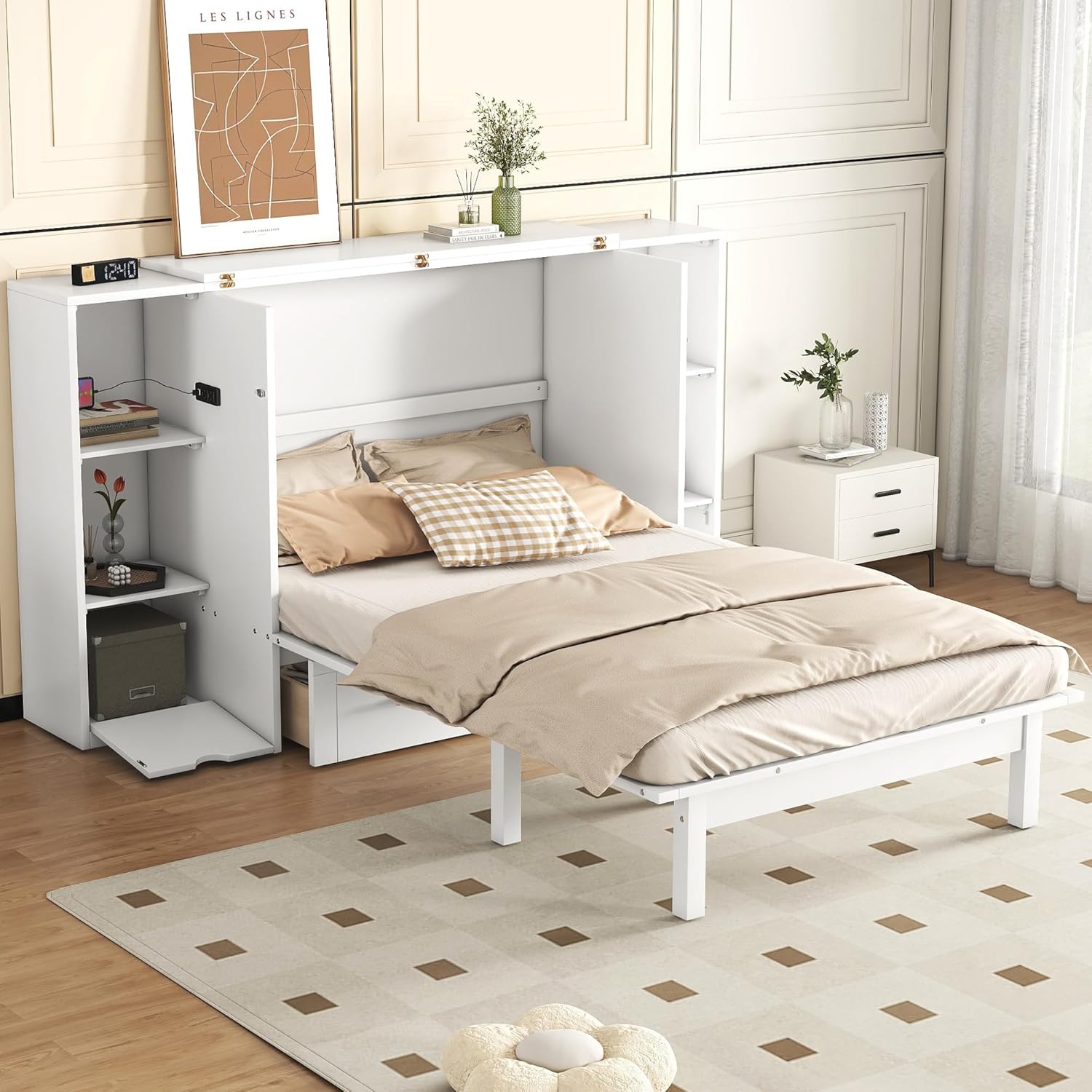 White Queen Size Murphy Bed with Shelves and Drawers P415