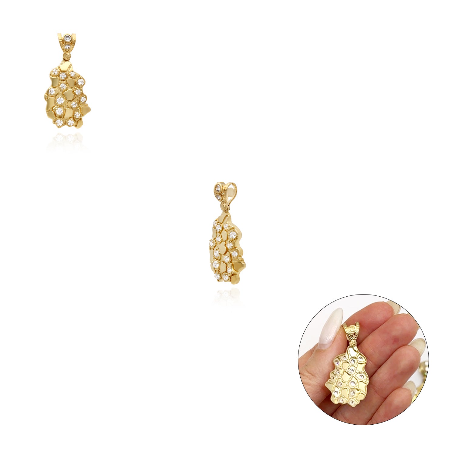 10K Yellow Gold Simulated Diamond Nugget Pendant 1.5"-2.3" N156