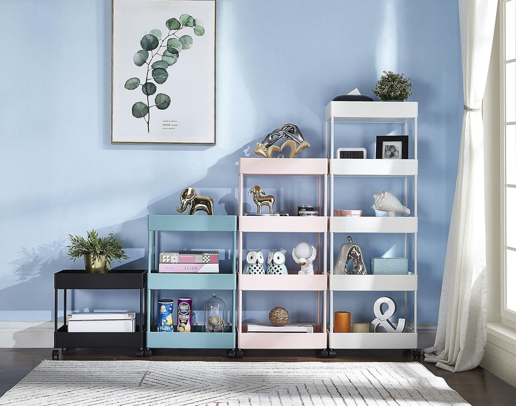 Blue 4-Tier Plastic Rolling Cart with Slim Shelves Z23925