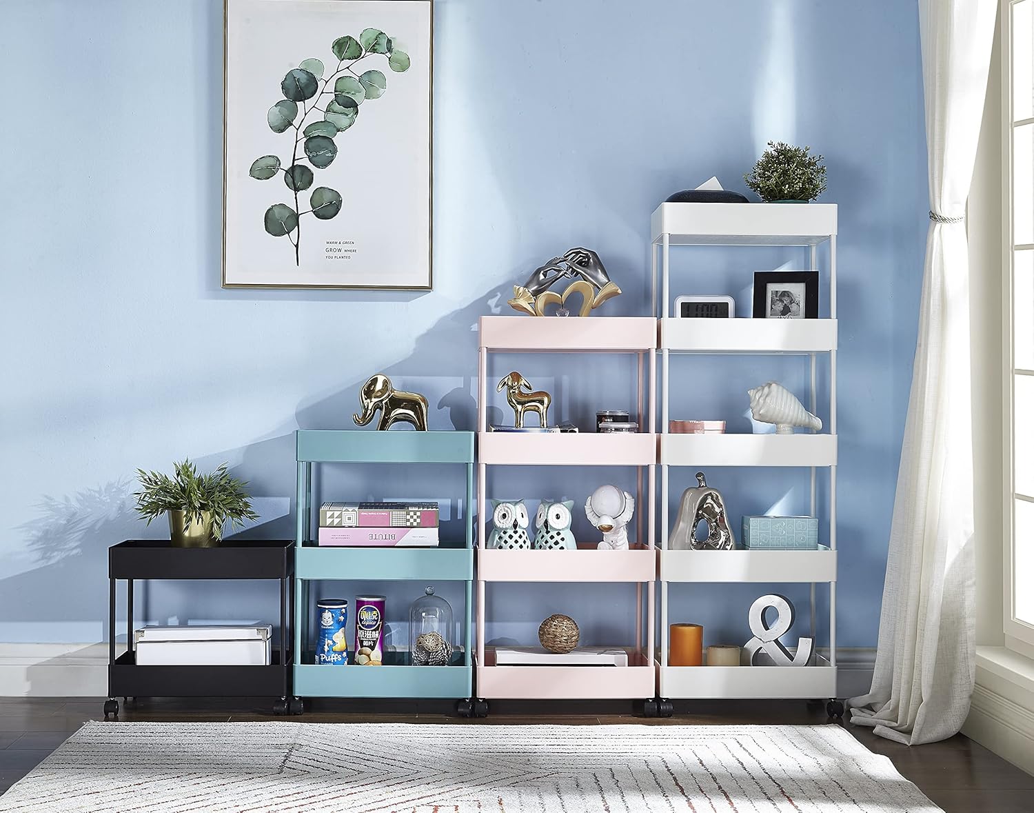 Blue 4-Tier Plastic Rolling Cart with Slim Shelves Z23925