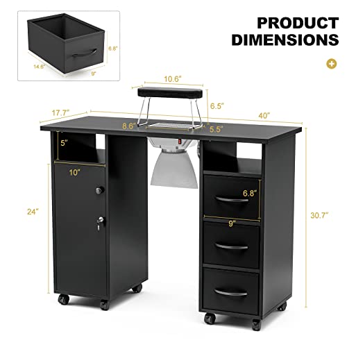 Black Manicure Table with Dust Collector, Wrist Cushion, Drawers, Lockable Wheels & Cabinet R23385