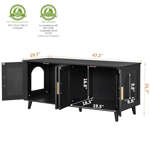 Boho Cat Litter Box Enclosure with Double Rattan Decorated Doors, 47.2"L x 19.7"W x 21.7"H, Natural U430