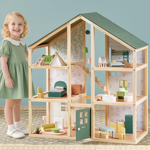 6 Rooms Wooden Dollhouse with 31Pcs Furniture Accessories G3773