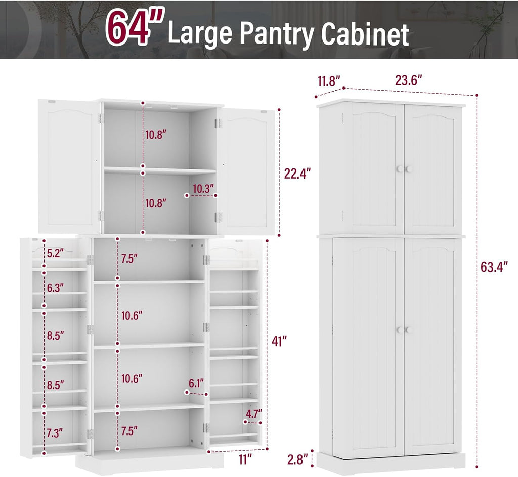 White Tall Freestanding Kitchen Pantry Cabinet with Doors and Shelves O44587