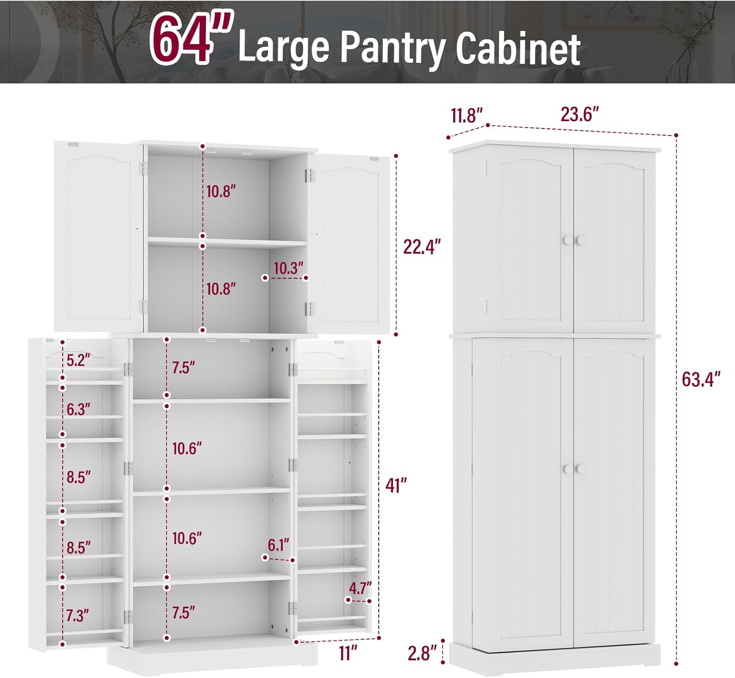 White Tall Freestanding Kitchen Pantry Cabinet with Doors and Shelves O44587