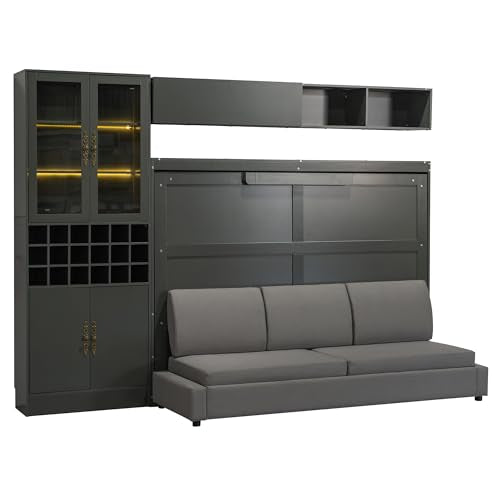 White Wooden Full Size Murphy Bed Frame with Sofa and Storage Shelves G392