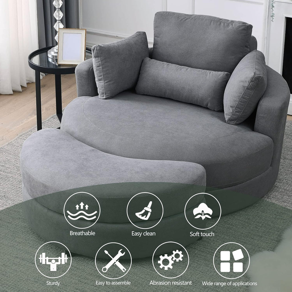 Dark Grey Linen Swivel Accent Chair with Storage Ottoman T98712