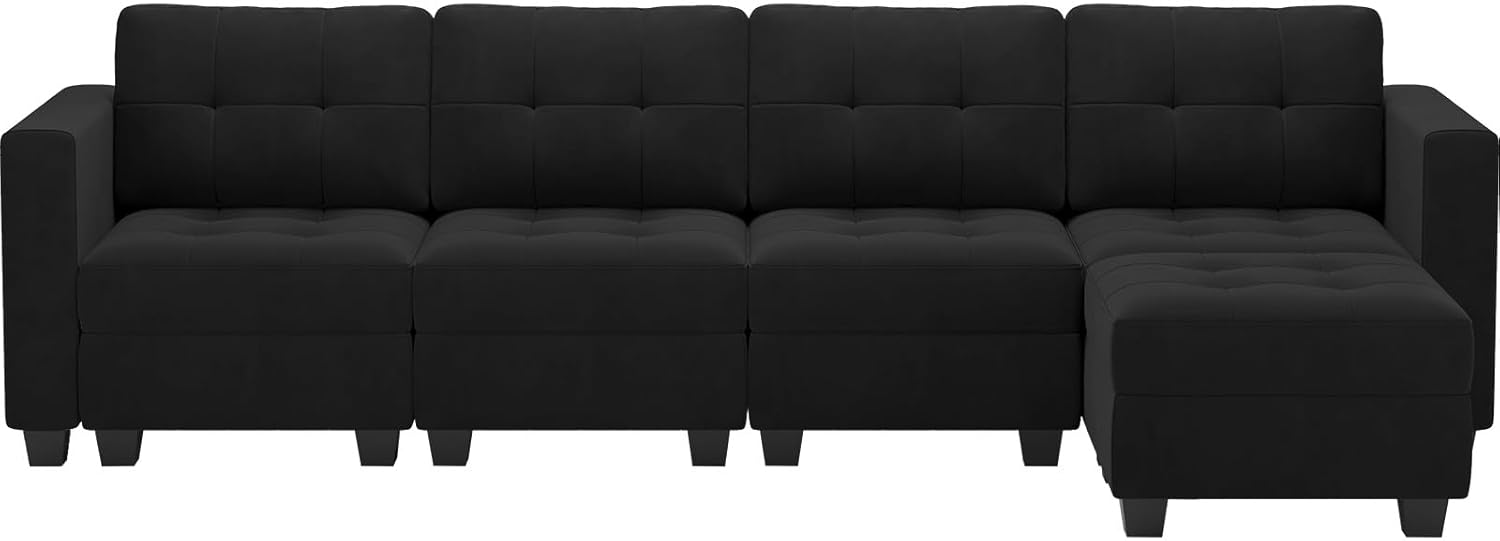 Black Velvet 5 Piece Modular Sectional Sofa with Storage Seats and Ottomans C134