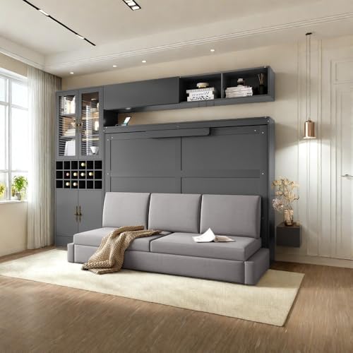 White Wooden Full Size Murphy Bed Frame with Sofa and Storage Shelves G392