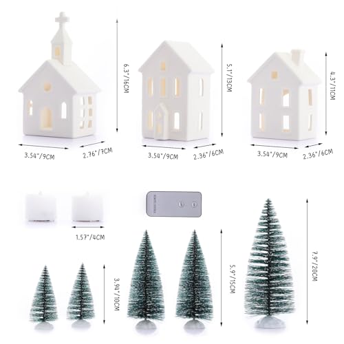9 Pcs Christmas Village Figurines Sets - 4 Lighted Ceramic Houses with Remote Control & 5 Trees - White Christmas Decorations L2657