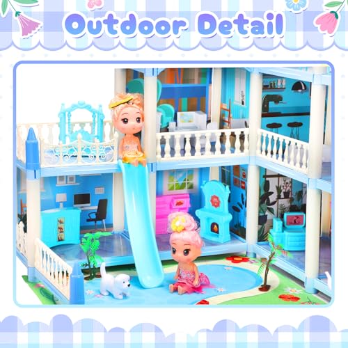 Blue 4-Story 11 Rooms Doll House with Furniture O90349