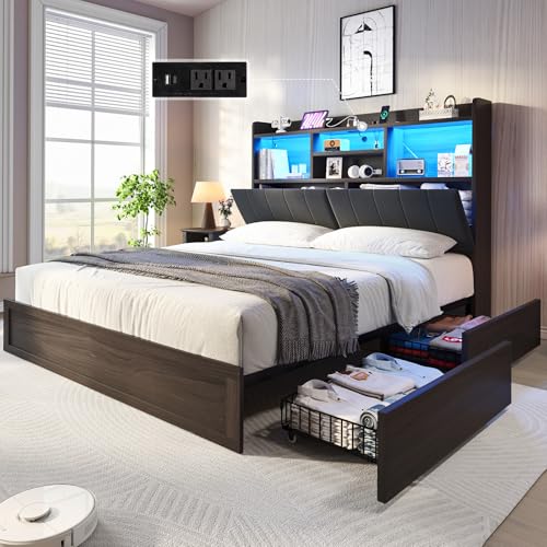 Black Farmhouse Bed Frame with Bookcase Headboard and 4 Drawers X296441