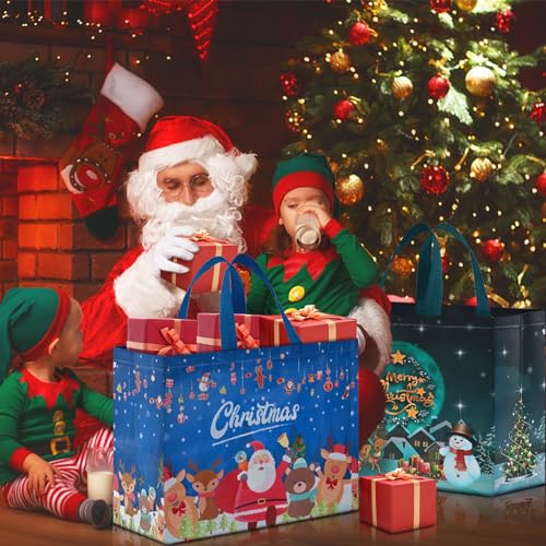 12 PCS Assorted Sizes Reusable Non-Woven Christmas Tote Bags with Handles W803294