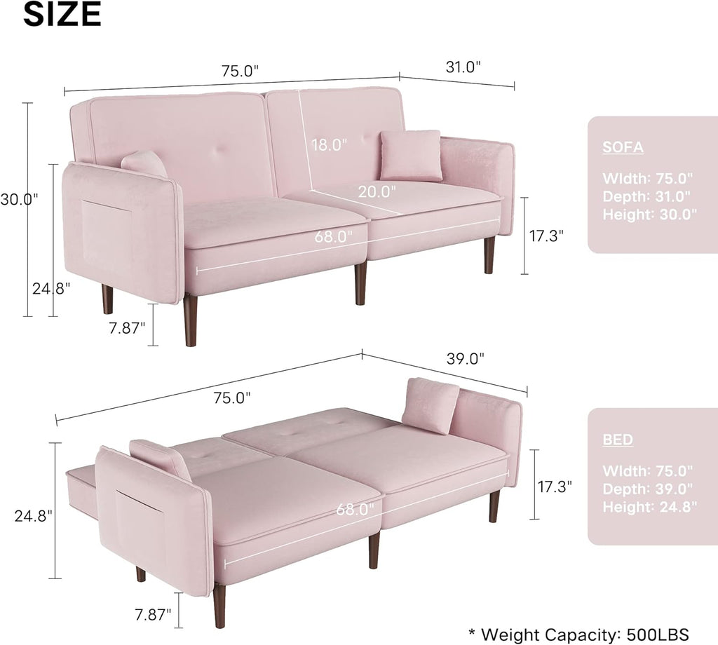 Pink Velvet Convertible Sofa Bed with Magazine Bag N1020