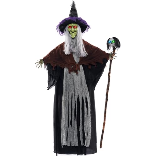 59” Halloween Decorations Outdoor Hanging Witch with Light Up Skull Skeleton Wand Sound Activated L24154