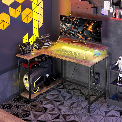 Black L Shaped Desk with LED Lights, Power Outlet, USB Charging Ports, Storage Shelves, Monitor Stand D489077