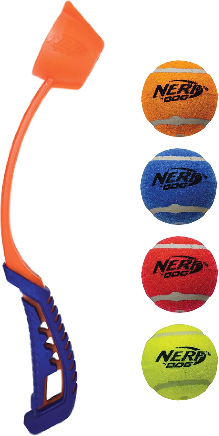 5-Piece Dog Toy Gift Set with Air Strike Launcher and Squeak Tennis Ball 4-Pack, Multicolored V135767