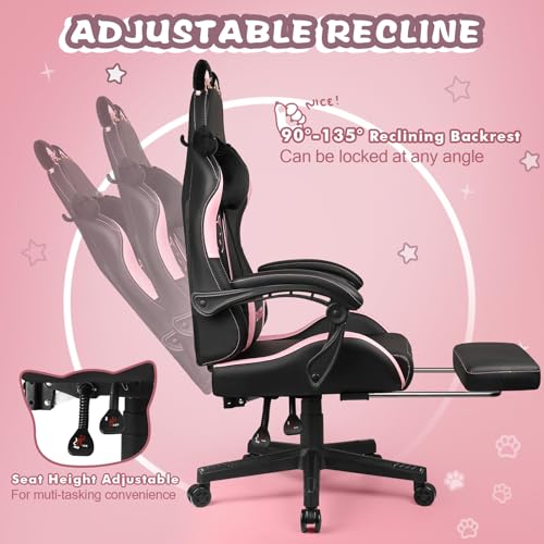 Pink Gaming Chair with Cat Ears and Cat Paw Cushion Pillow with Footrest V491