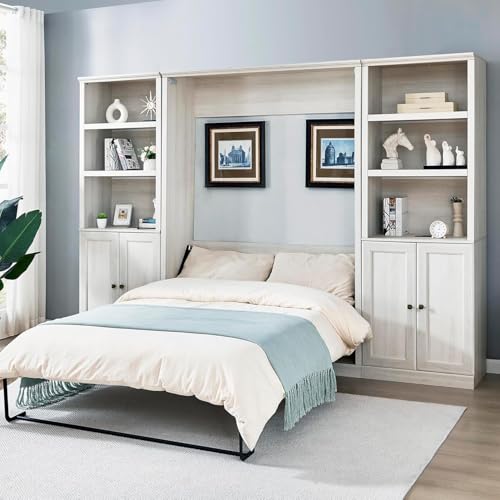 Queen Size White Wood Murphy Bed with Storage Bookcase Shelves T158053