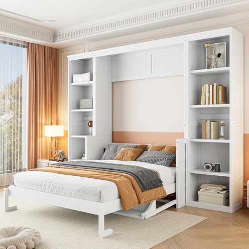 White Queen Size Wooden Murphy Wall Bed with Storage Shelf I185303
