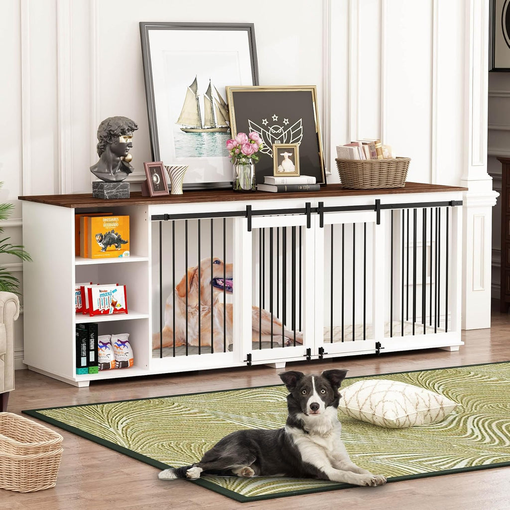 White 86.6" Wooden Dog Crate Furniture with Shelves, Divider & Sliding Door U742858