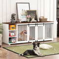 White 86.6" Wooden Dog Crate Furniture with Shelves, Divider & Sliding Door U742858