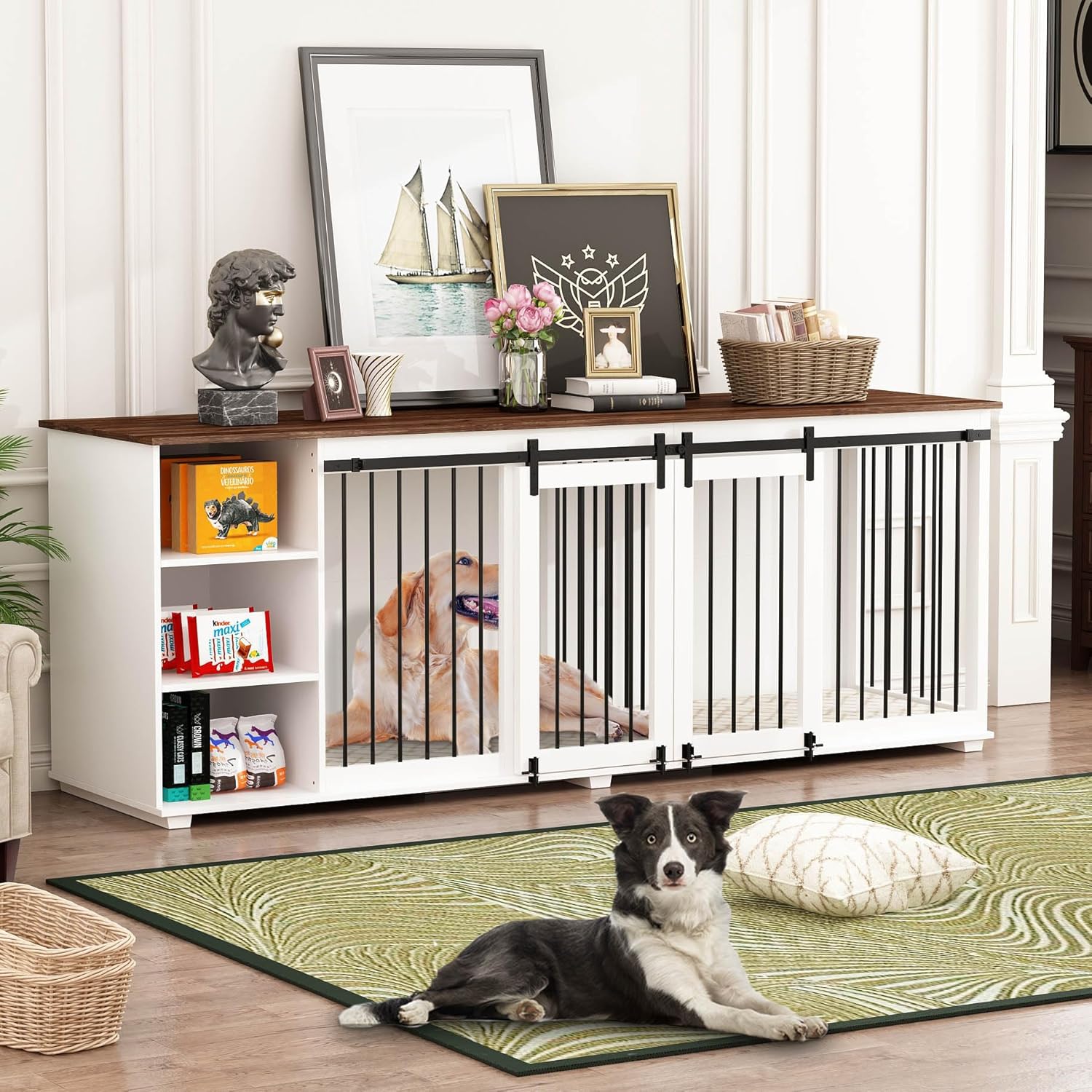 White 86.6" Wooden Dog Crate Furniture with Shelves, Divider & Sliding Door U742858