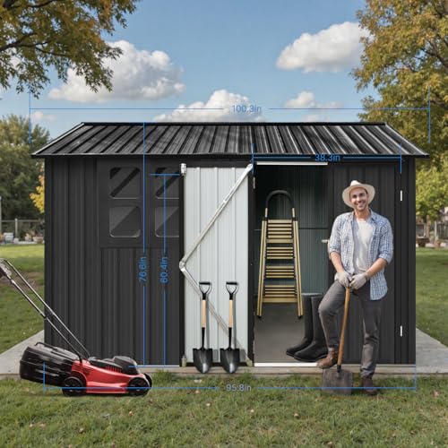 Grey Metal Outdoor Storage Shed with Windows and Lockable Doors L12614