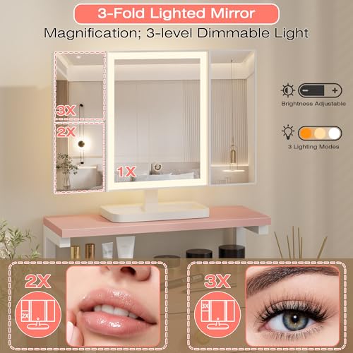 White 28.4''W Small Makeup Vanity Desk with Mirror and Lights, 2 Fabric Drawers O831496