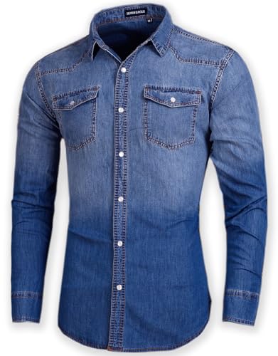 Men's Long Sleeve Double Pocket Snap Denim Shirt D3762