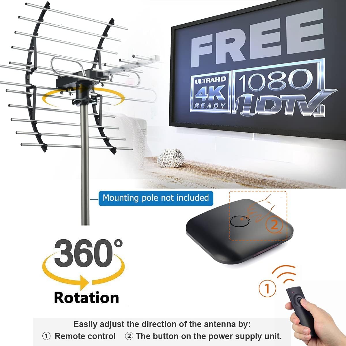 Digital HD TV Antenna, Outdoor Attic Antenna, 360 Degree Rotation Wireless Remote, 200 Miles Range, 4K 1080P VHF UHF C1049