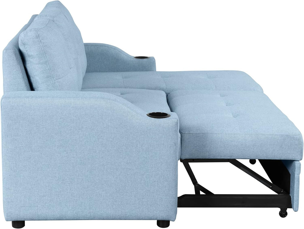 Blue Linen Fabric L-Shape Convertible Sleeper Sofa with Pull-Out Bed O890