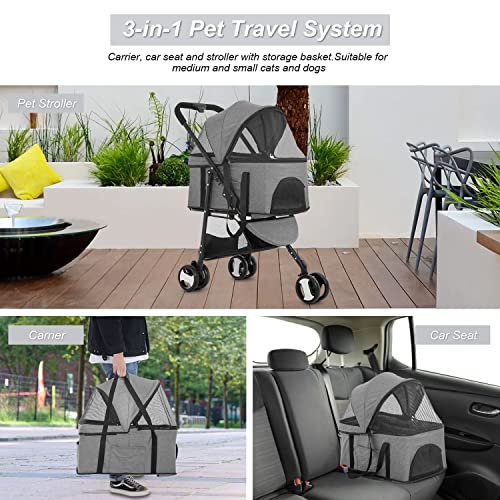 Black 3-in-1 Folding Pet Stroller with Detachable Carrier D931