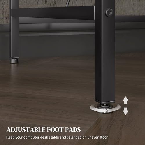 Black L Shaped Desk with LED Lights, Power Outlet, USB Charging Ports, Storage Shelves, Monitor Stand D489077