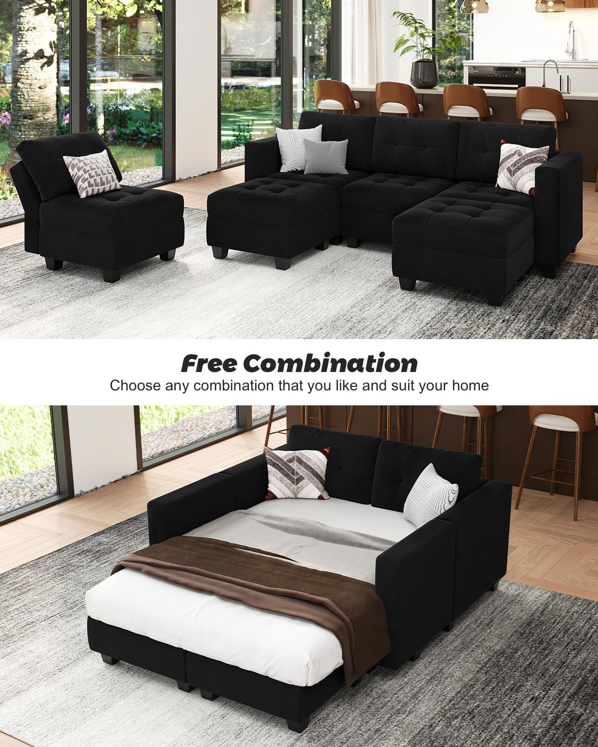 Black Velvet 5 Piece Modular Sectional Sofa with Storage Seats and Ottomans C134