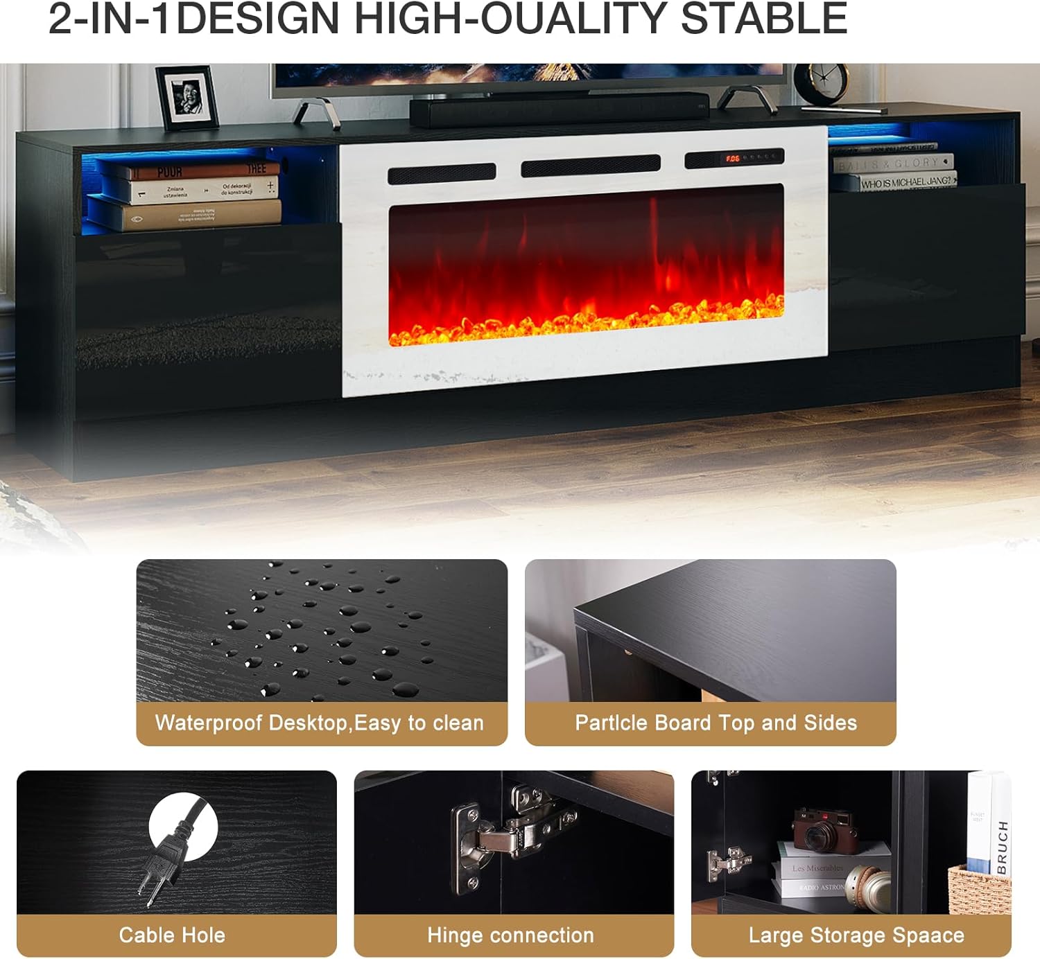 Black 79 inch Fireplace TV Stand with Electric Fireplace G445243