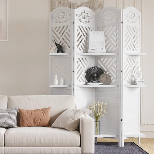 6 Panels Natural Wood Room Divider with Shelves M490821