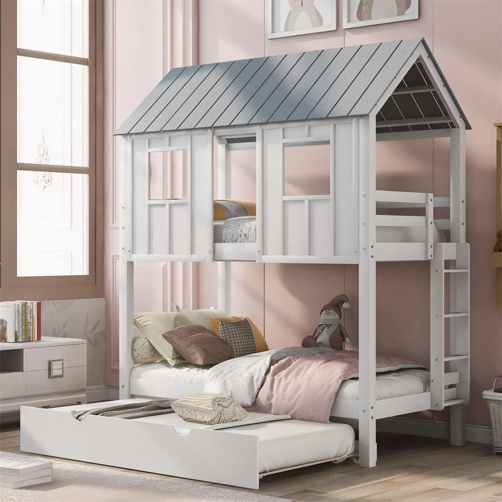 White Wood Twin Over Twin Bunk Bed with Trundle N78992