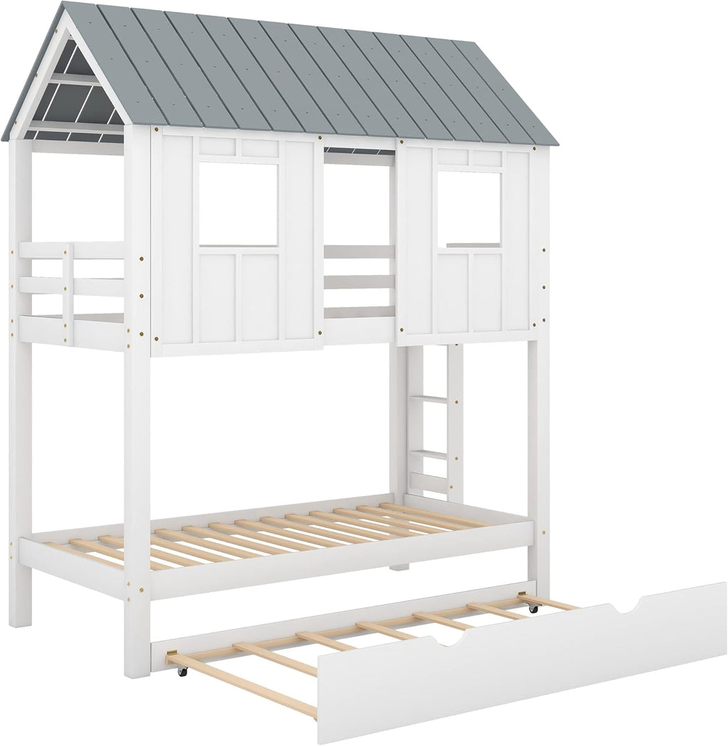 White Wood Twin Over Twin Bunk Bed with Trundle N78992