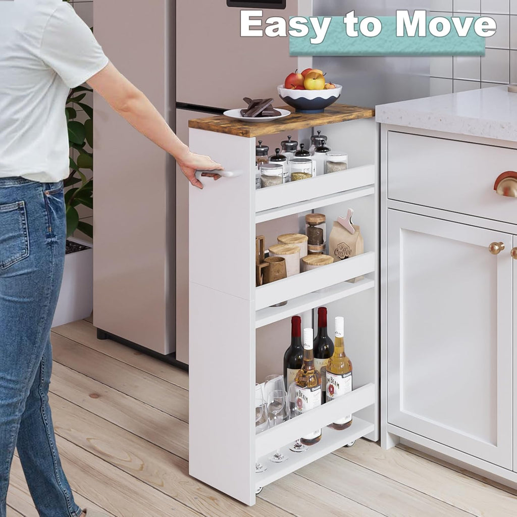 4-Tier Wood White Rolling Storage Cart D9690