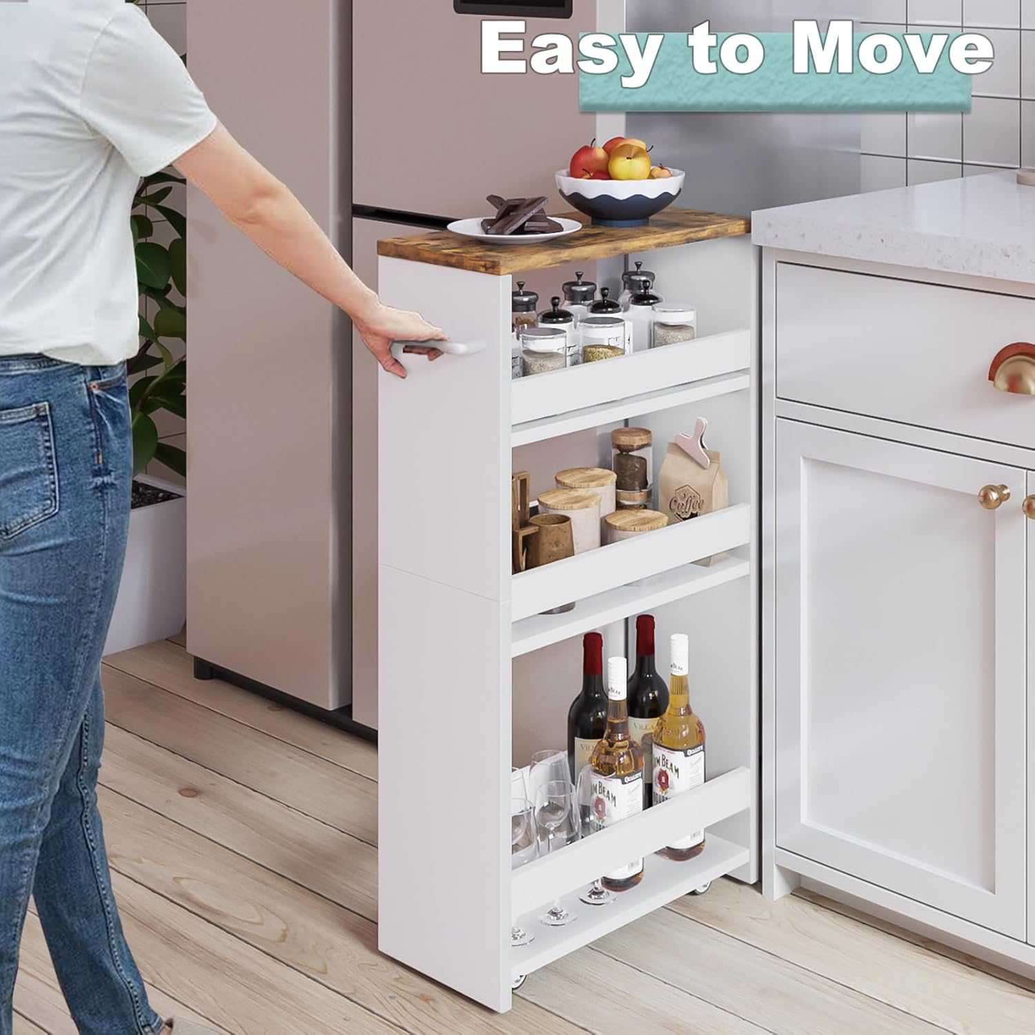 4-Tier Wood White Rolling Storage Cart D9690